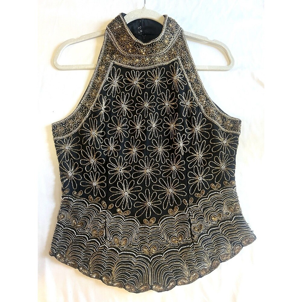 Vtg Laurence Kazar Daisy Silk Beaded Top Sz L Halter Neck Black floral Art Deco